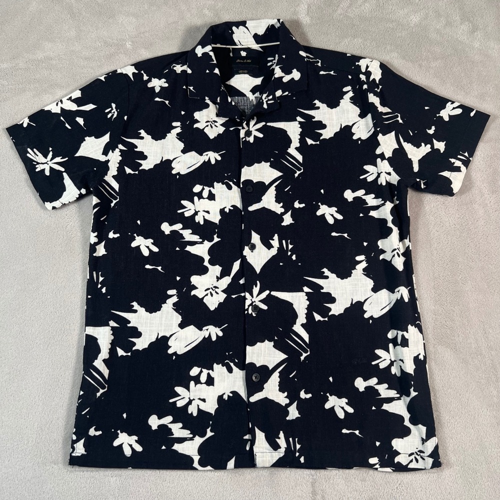 Porter & Ash Button Up Shirt Men's Small Black Floral Linen Blend Short Sleeve